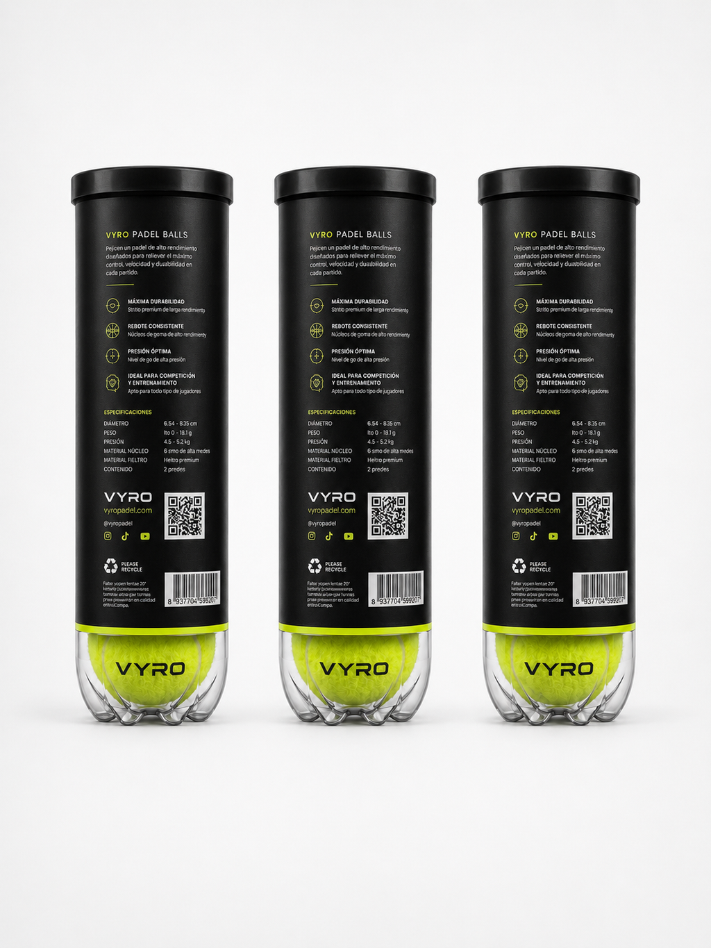 Pack 3 tubos Pelotas de Pádel VYRO Premium vista trasera