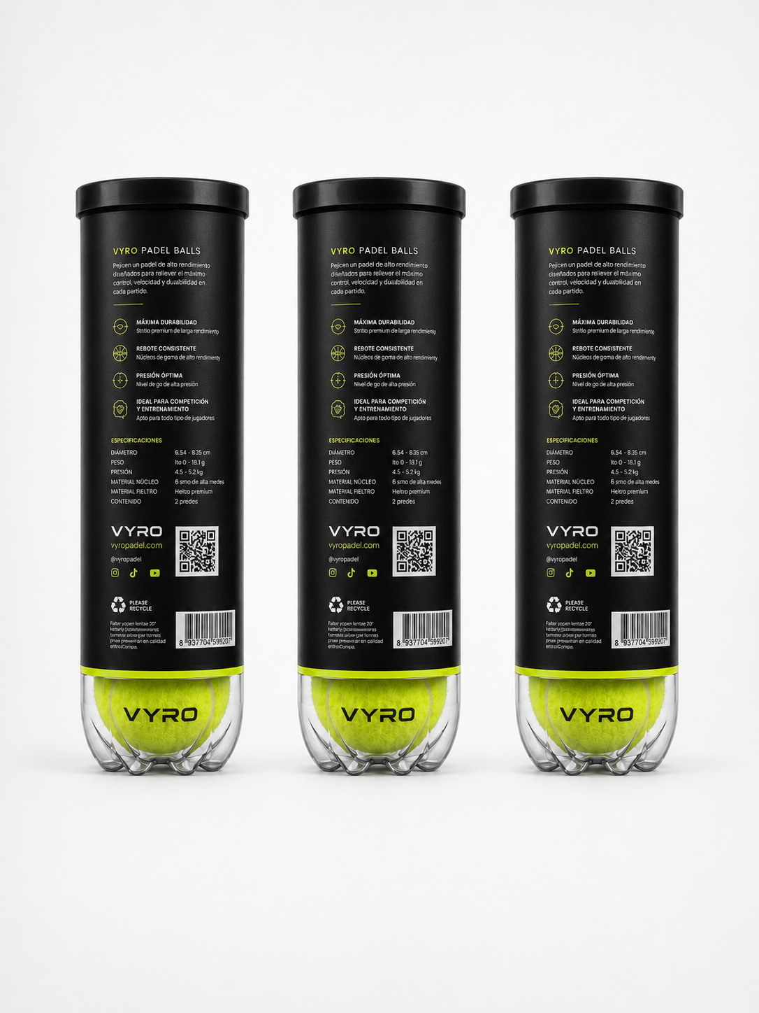 Pack 3 tubos Pelotas de Pádel VYRO Premium vista trasera
